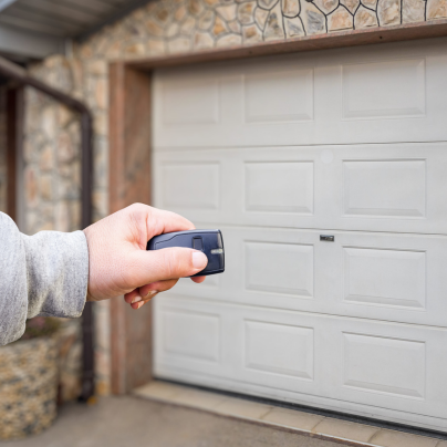Orange County security key fob pointing to a garage door
