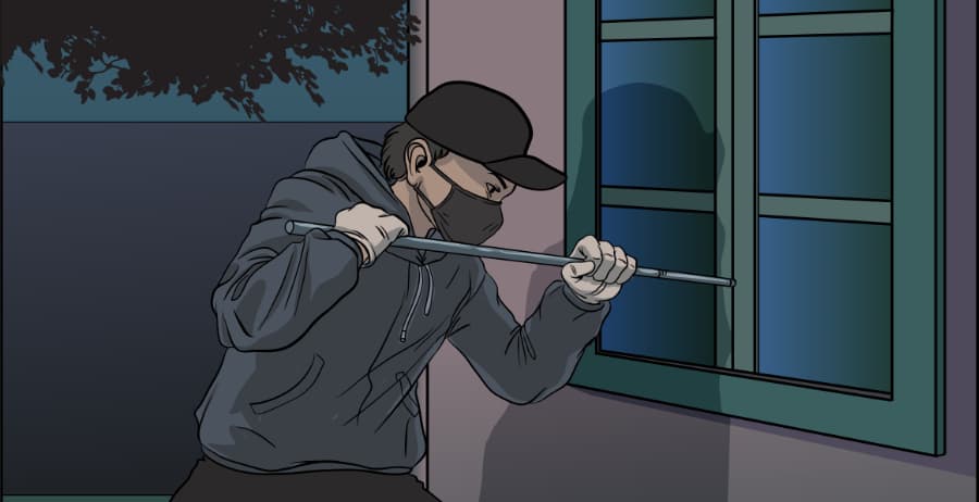 Illustration of burglar forcing entry through a window in Orange County